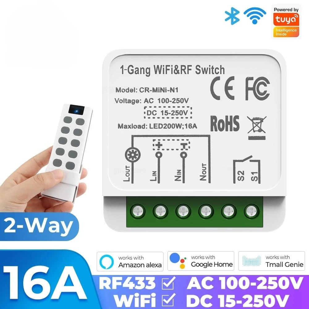 

16A Tuya WiFi Smart RF433 Switch Module AC/DC Mini Home Appliances Breaker Relay Timing Voice Control for Alexa Google Yandex