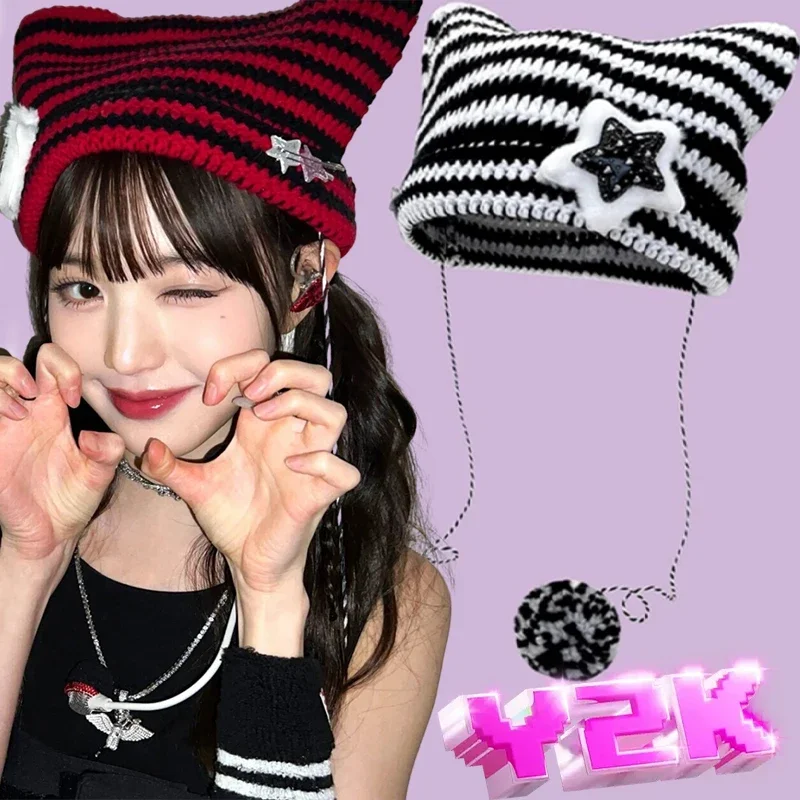 Y2K Beanie Hat Ins Devil Ear Striped Knitted Wool Cap Autumn Winter Kpop Crochet Kawaii Cat Ears Pointed Pullover Czapki damskie