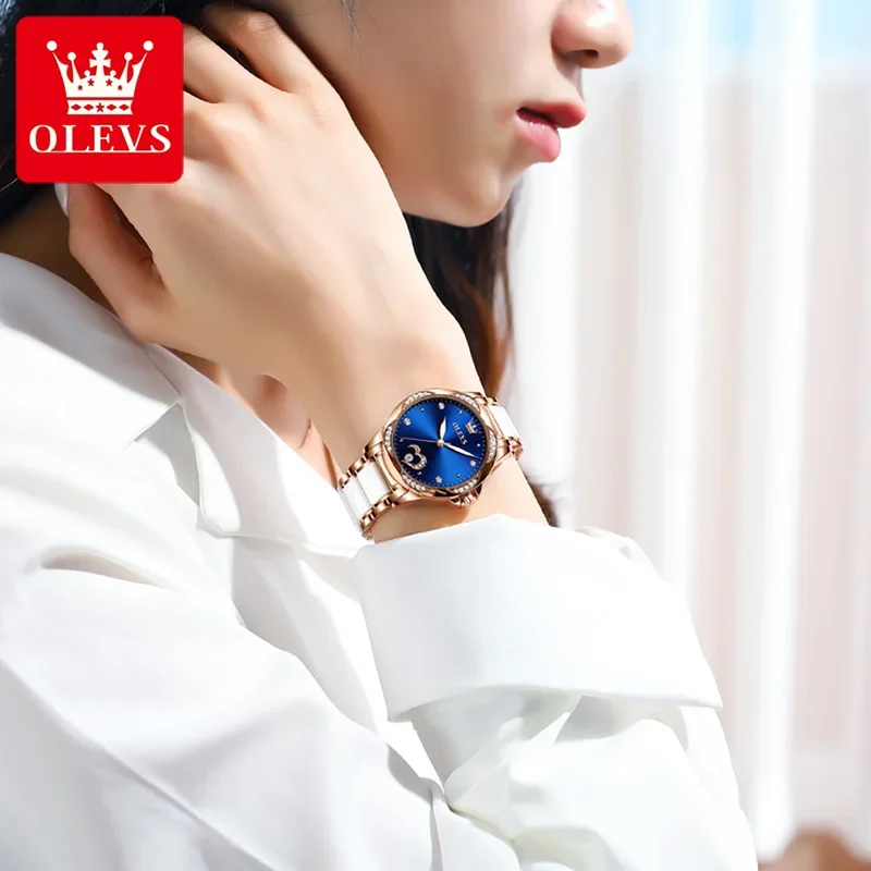 OLEVS Diamond Women Watch Fashion Classic Automatic Mechanical Wrist Watch Wterproof Ceramic Strap Date Watches 6631