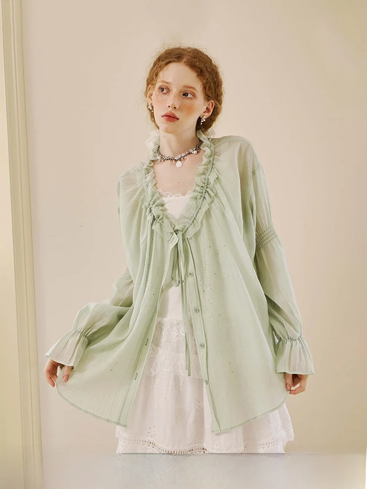 

DIDDI MODA Винтажная универсальная женская летняя солнцезащитная рубашка с 3D-стразами и V-образным вырезом Sweet Sle L