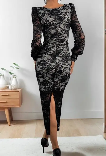 

New Temperament Long Dresses Female Daily Clothing Sexy Slim Women's Party Date Retro Elegant High Waist Long Sleeve Lace Dress