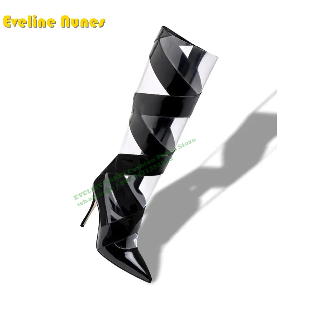 

Clear Pvc Black Cross Strap Women's Boots Pointed Toe Thin Heels Patchwork Street Style Knee High Boots Trendy Stylish Shoes