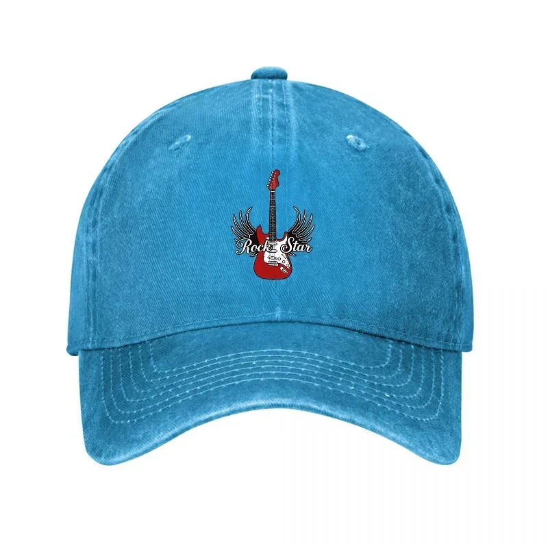 New Rock Star Guitar Embroidered Washed Canvas Baseball Cap with Vintage Design and Red Electric Guitar Logo for Music Lovers