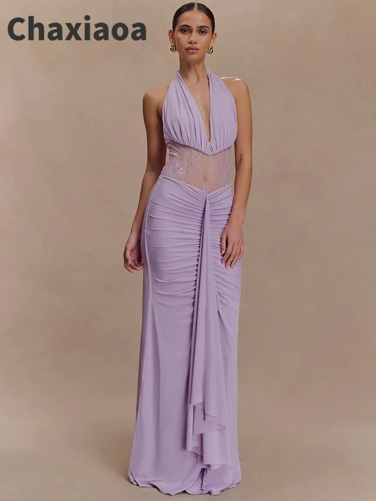 Chaxiaoa ホルターバックレスシャーリングセクシーなマキシドレスの女性のファッションメッシュシースルーノースリーブドレープボディコンクラブパーティーロングドレス