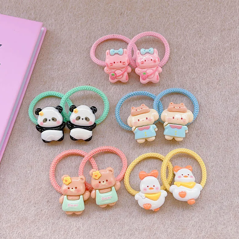 2PCS Cartoon Bright Faced Panda Duckling Cute Girls Elastic Hair Bands Princess Hair Accessories Children Baby Headwear