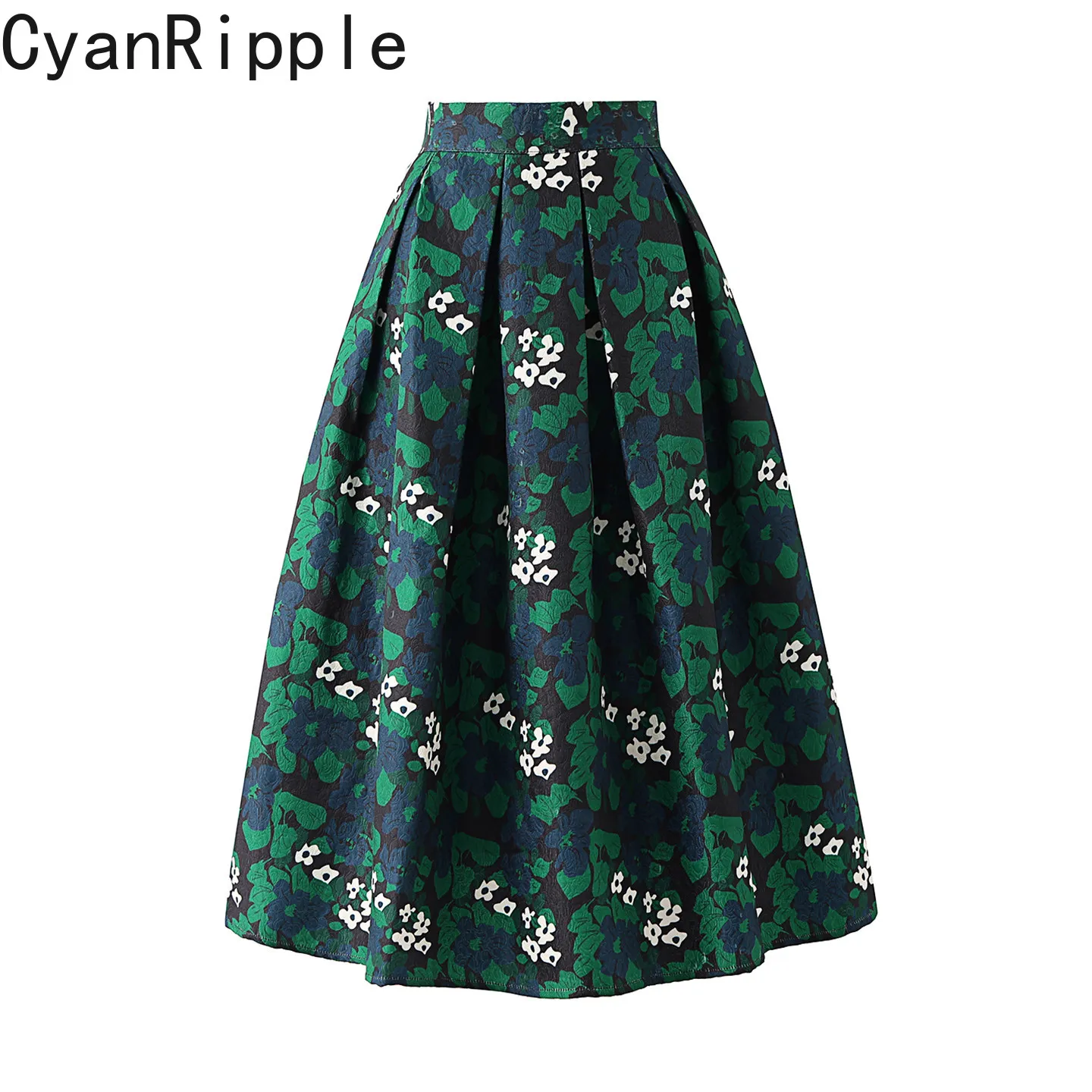 High Quality New Autumn Green Jacquard High Waist Puffy Skirt All-match Elegant Ultra Long Elegant A-line Women Pleated Skirts