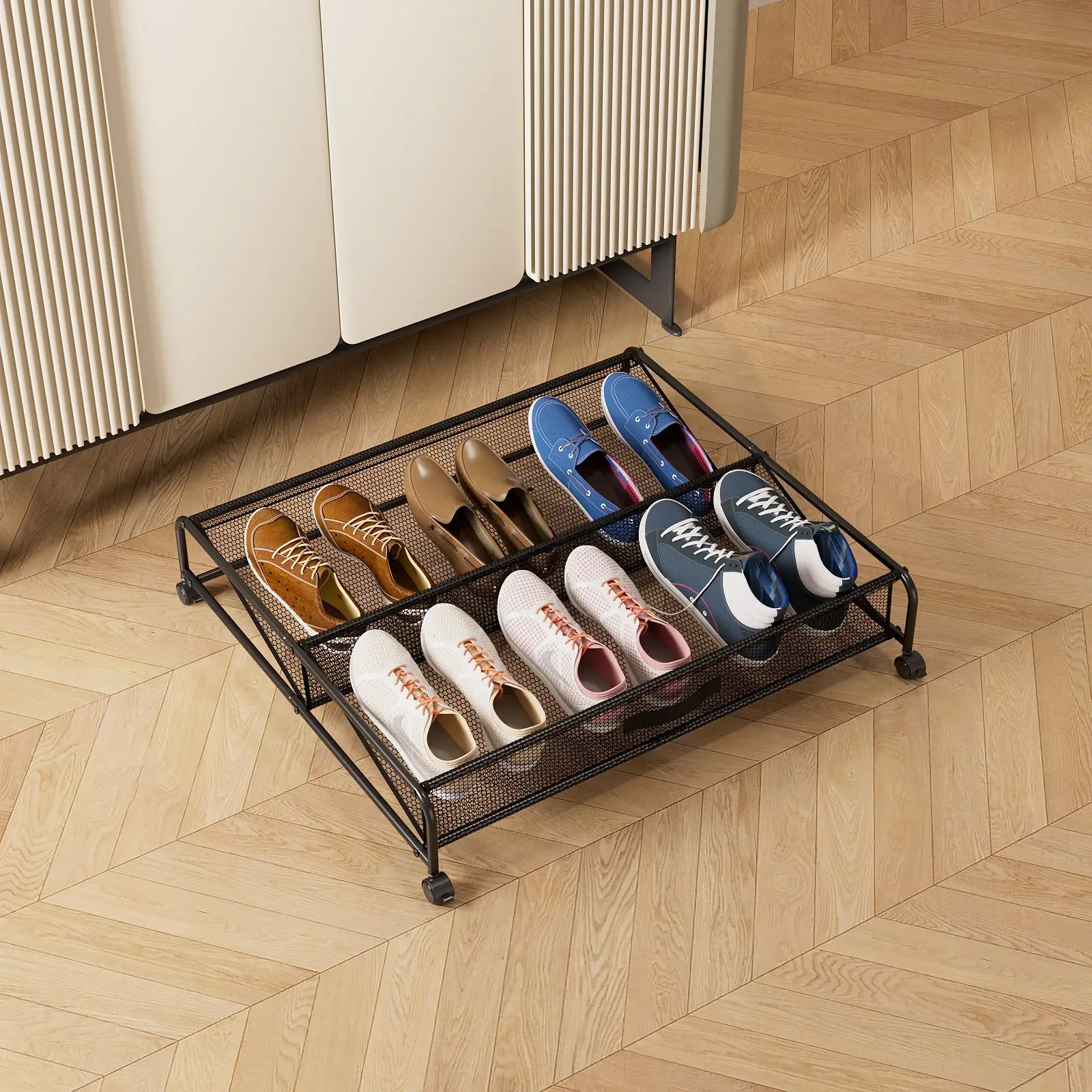 

Multifunctional Iron Bed Bottom Storage Box Large-capacity Simple Shoe Rack Hollow-out Yarn Belt Pulley Shoe Sorting Organizer