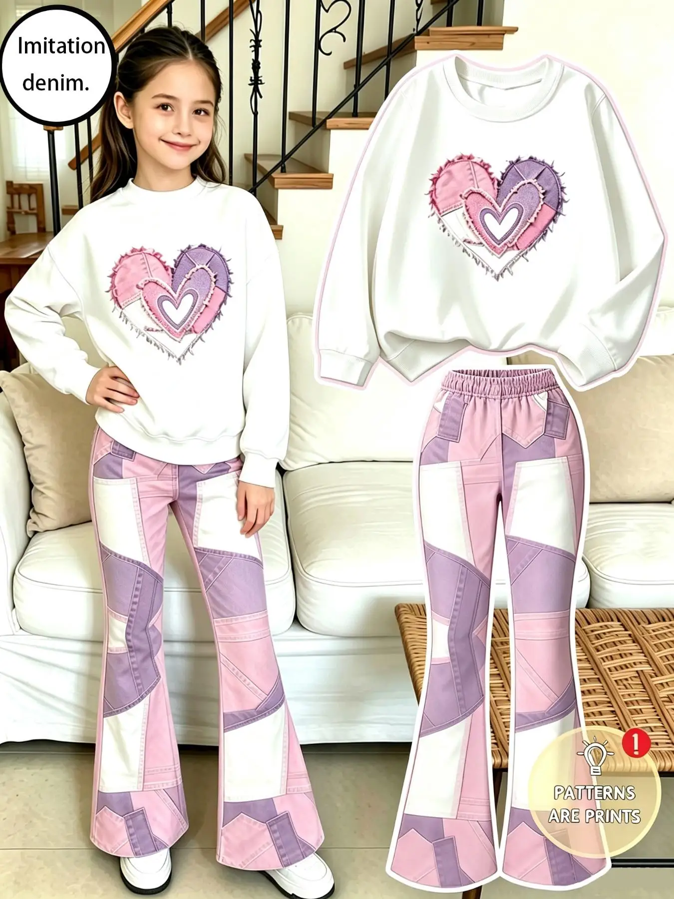 Girls' Autumn Outfit Set: Girls' Heart Print Round Neck Sweatshirt + Color Block Faux Denim Flared Pants Two-Piece Set in Pink and Purple, Fashionable and Versatile, Suitable for Girls Aged 4-12