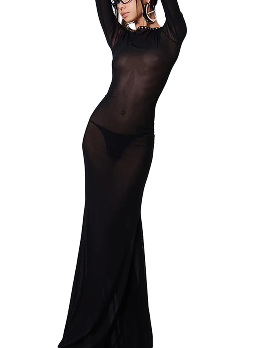 فستان نسائي طويل شفاف ، لون واحد ، فستان شبكي شفاف ، أكمام طويلة ، ربطة عنق متقاطعة ، عارية الذراعين ، حفلة مسائية