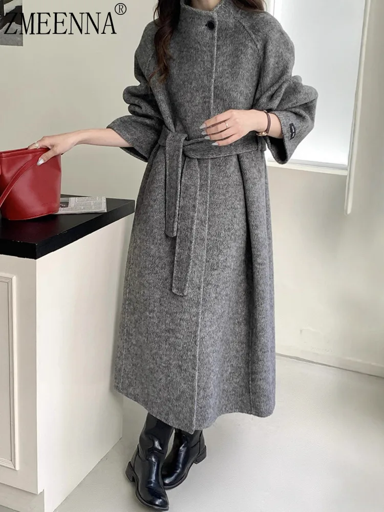

ZMEENNA Womens Elegant Stand Collar Wool Blend Long Coat With Tie Belt And Button Detail Longline Outerwear Chic ZM3651
