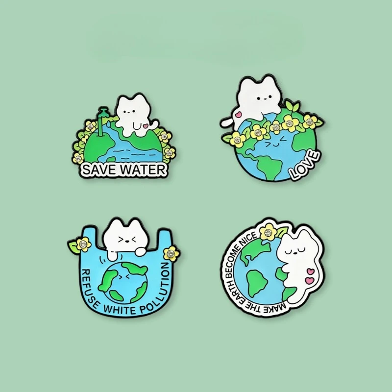 Cute Diamond Cat Metal Brooch Unisex Cartoon Earth Love Pin Badge for DIY Clothes Bags Shoes Hat Scarf T-shirt Jeans Accessories