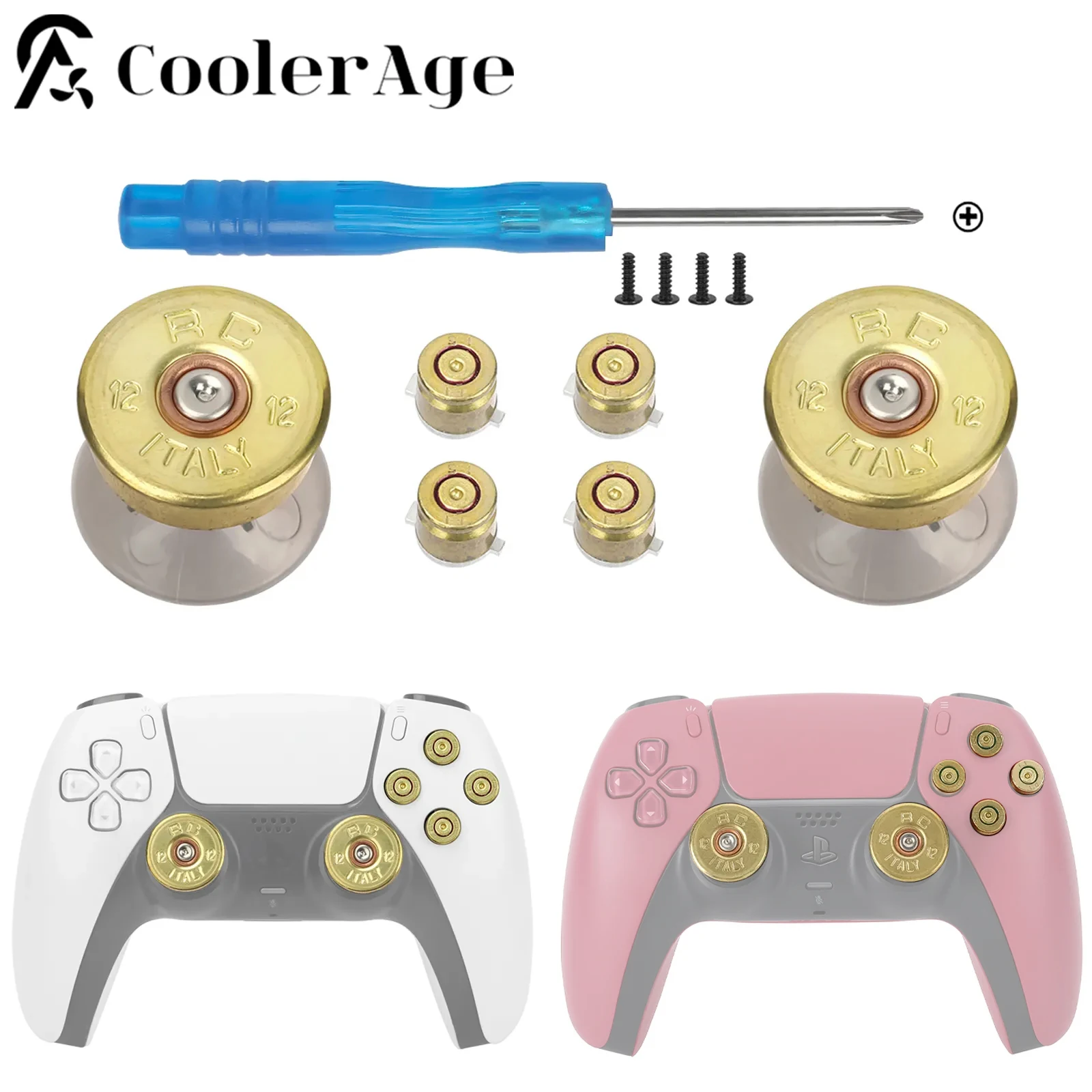 CoolerAge Gold Metal Bullet Thumbsticks Action Bullet Buttons Set for PS5 Controller