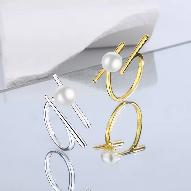 925 Sterling Silver Geometry Pearl ​Rings For Women Wedding Luxury Jewelry Gift Female Cheap   Jewellery