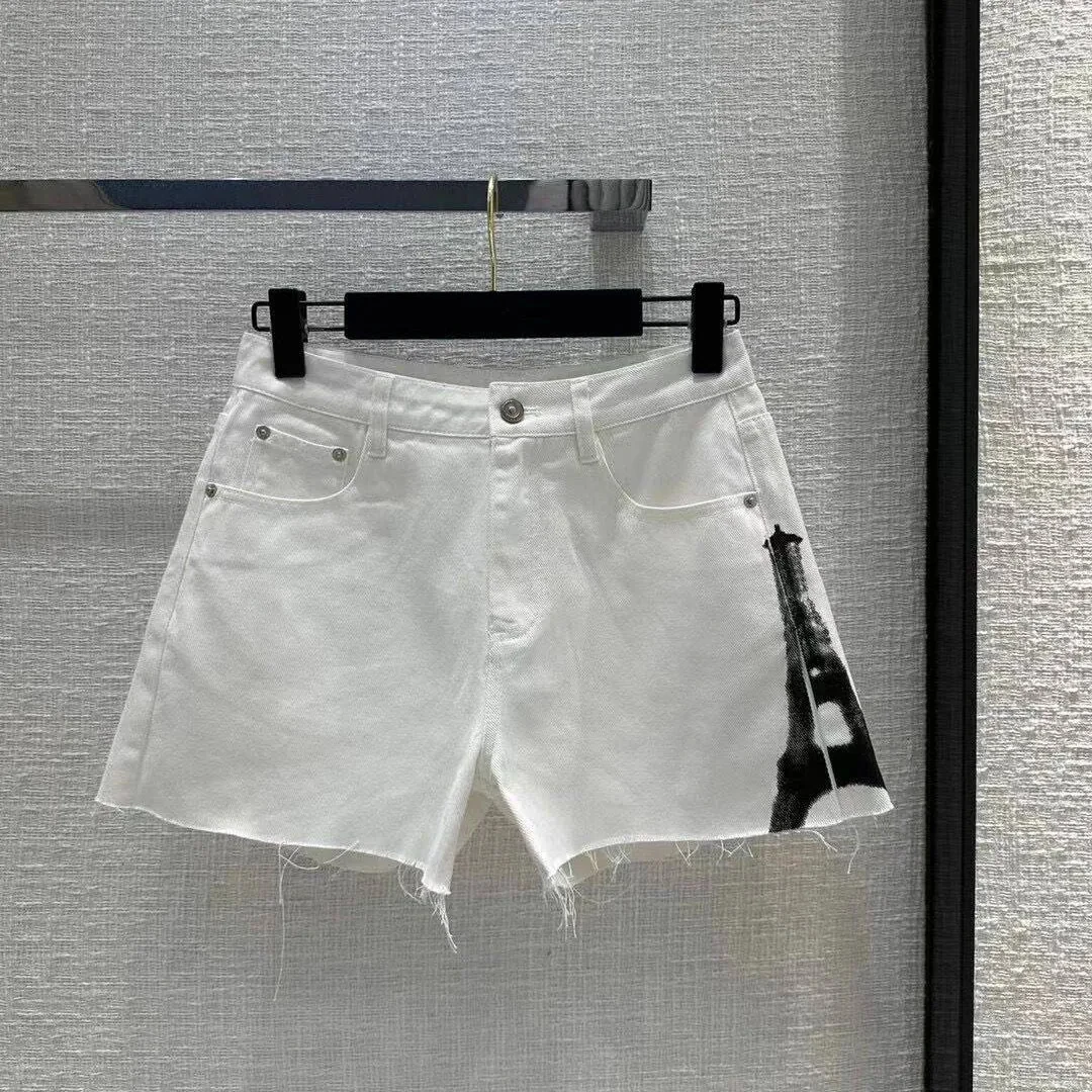 

2024 New Fashion Summer White Denim Shorts Women Print Pattern High Waist Slim Fit Vintage Shorts