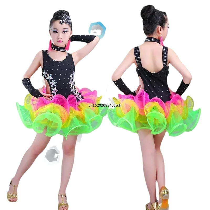 Roupa de dança latina lantejoulas para crianças, vestido de dança de salão para meninas, trajes de jazz infantis, roupas salsa para performance