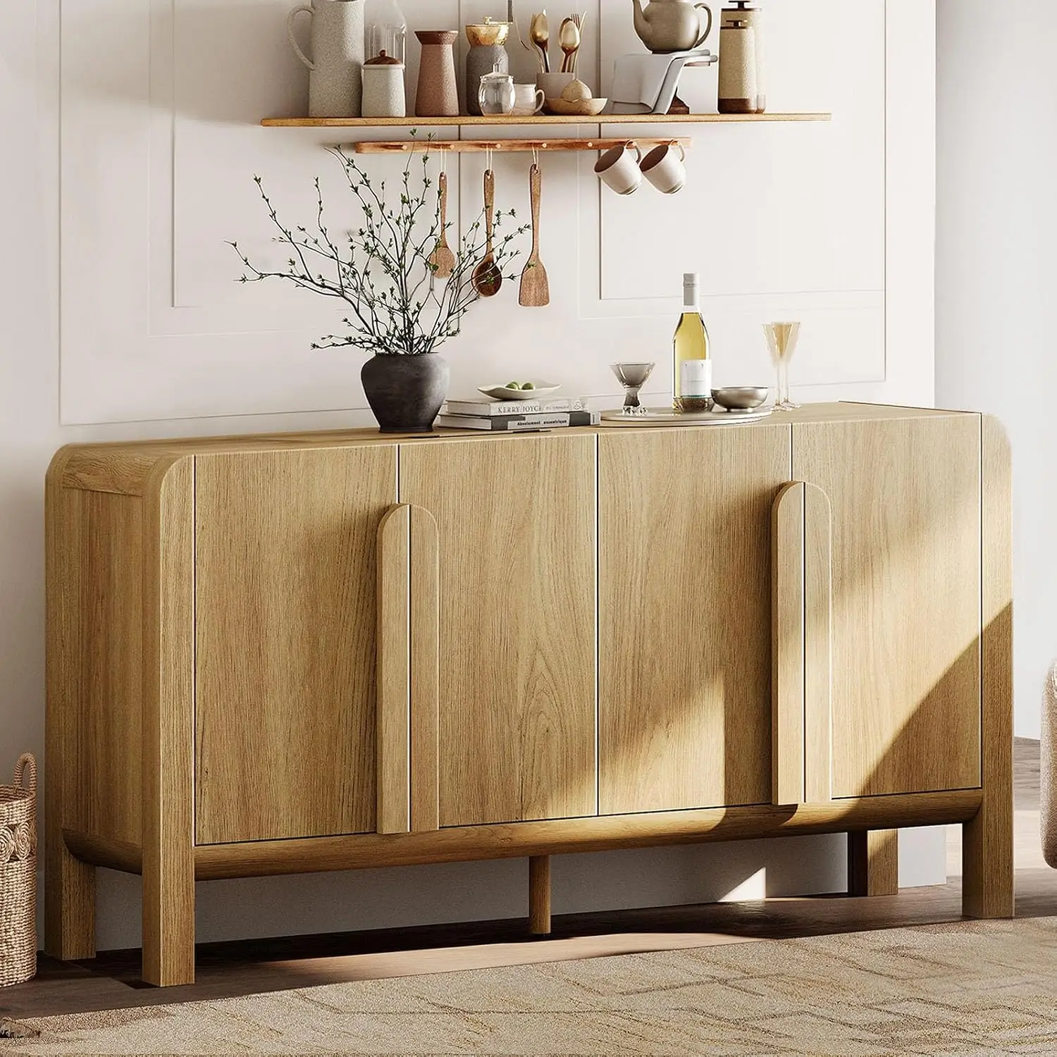 Large Buffet Cabinet with Storage, Modern Curved Cabinet with 4 Doors for Dining Living Room Kitchen, Walnut, Customized