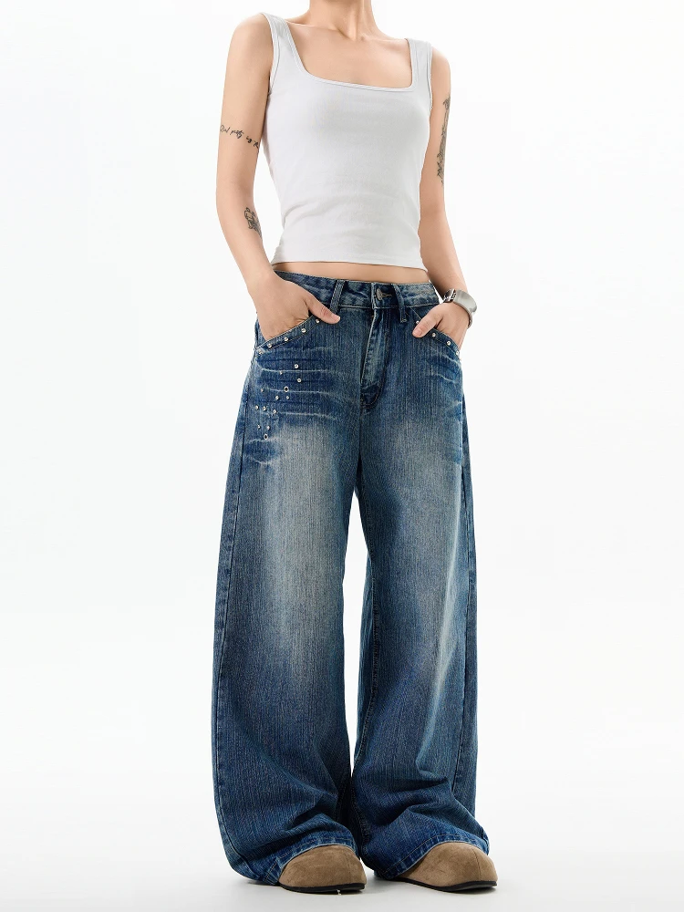 StreetStudio American Retro Waed Rivet Design Straight Loose Casual Jeans High Waist Straight Leg Jeans for Young Women