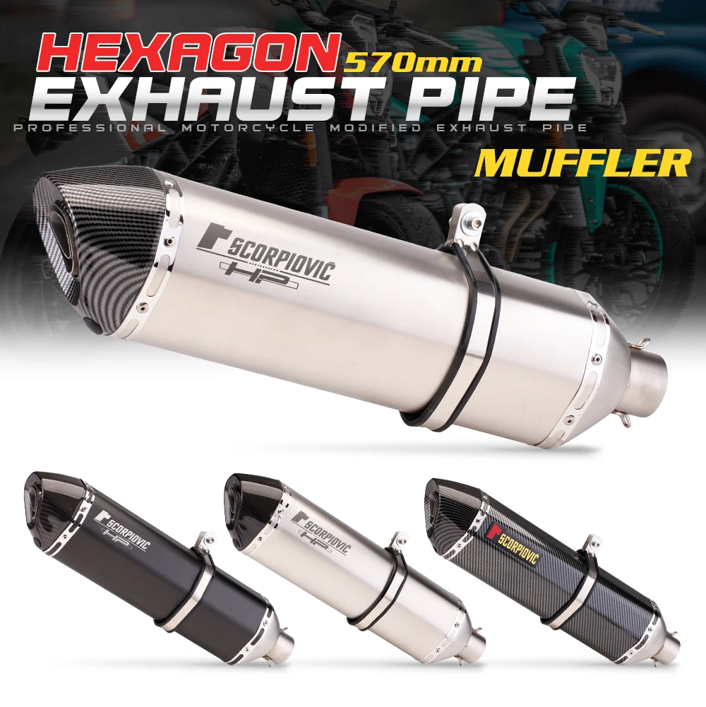 

51mm Motorcycle Improved Exhaust Hexagonal Round Tail 570mm Exhaust Muffler Exhaust Pipe for Cbr650 Pcx125 R6 Ninja400