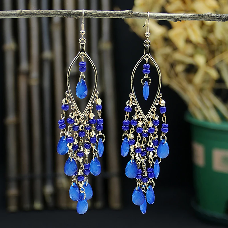 Bohemian Ethnic Style Long Earrings For Women Girls Vintage Colorful Crystal Tassel Dangle Drop Earrings Fashion Party Jewelry