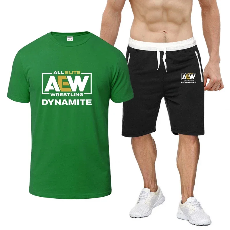 

All Elite AEW Wrestling 2024 Men's New Summer Short Sleeve Set Breathable T-Shirts Shorts Casualwear Simple Print Streetwear