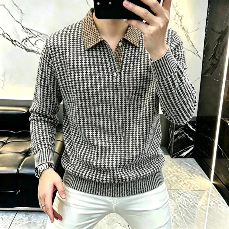Autumn Striped Knitted Lapel T-shirt for Men Casual Business Base Shirt Trendy Versatile Social Office Streetwear Tee Top