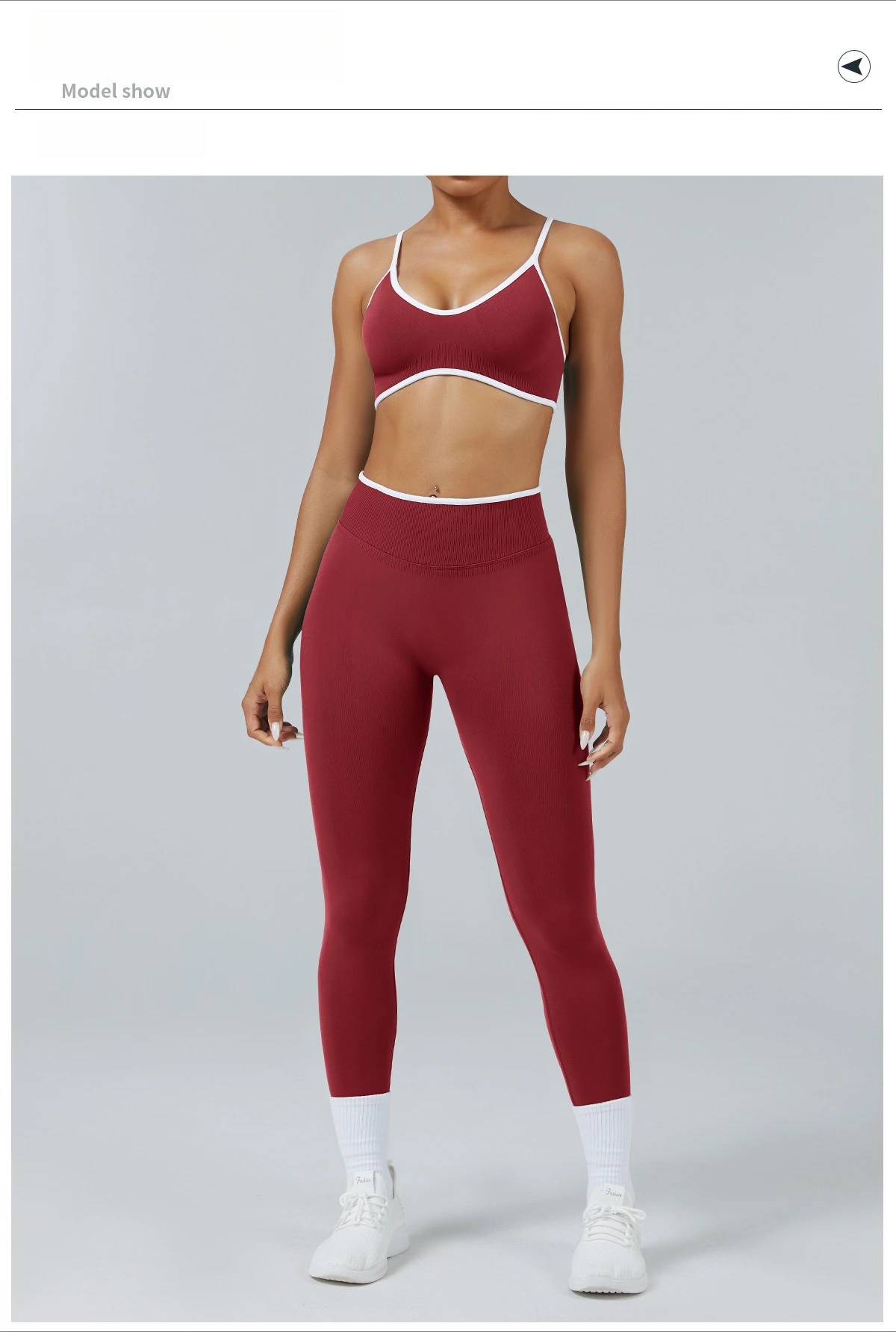 Nahtloser Damen-Sport-BH mit Farbblockdesign, Outdoor-Fitness-Kurztop, sexy rückenfreier Strick-BH mit Brustpolster und Trägern für den Sommer – Detail 7