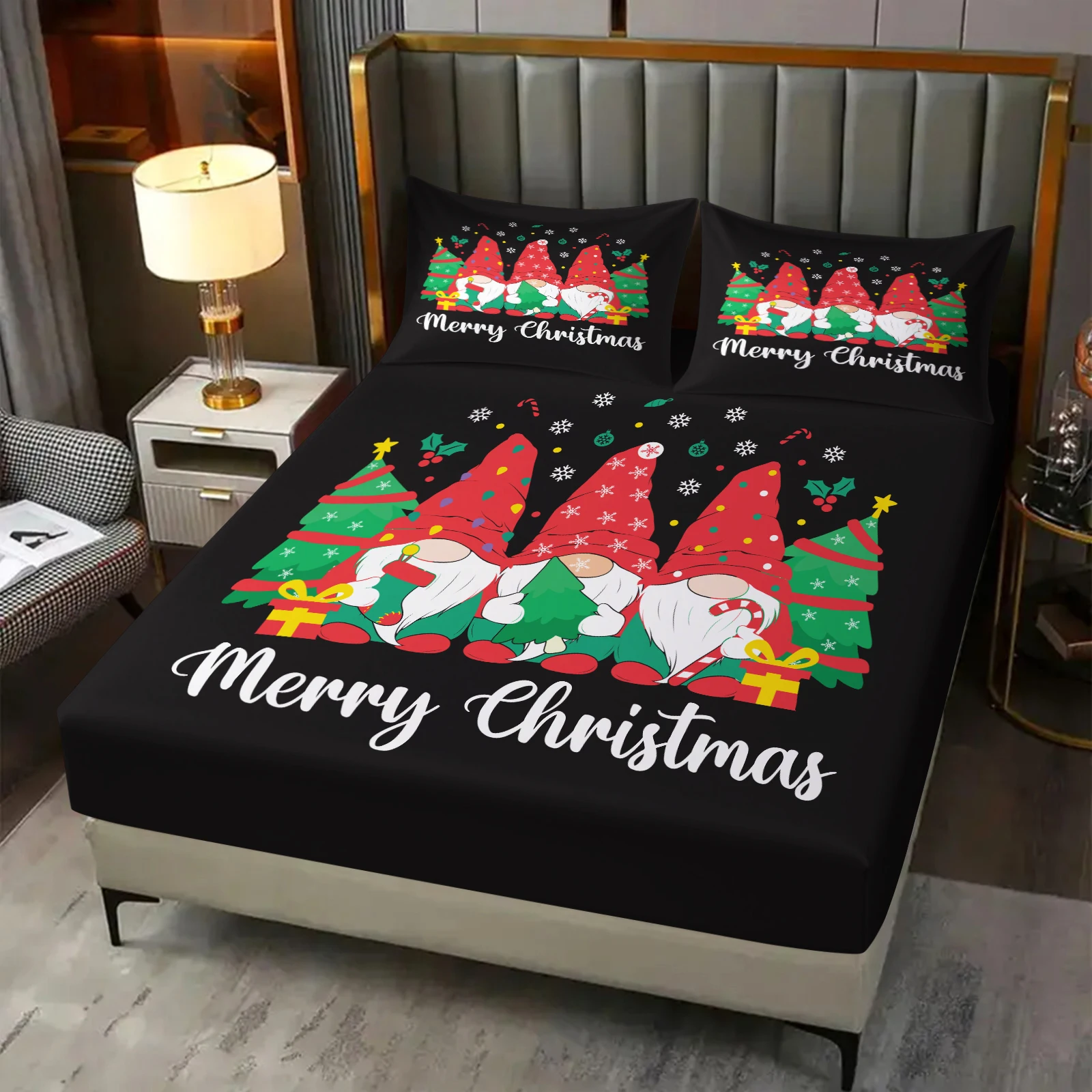 Adorable Christmas Gnome Fitted Sheet with Red Hats & Trees. Cozy Festive Bedding for Gnome Lovers