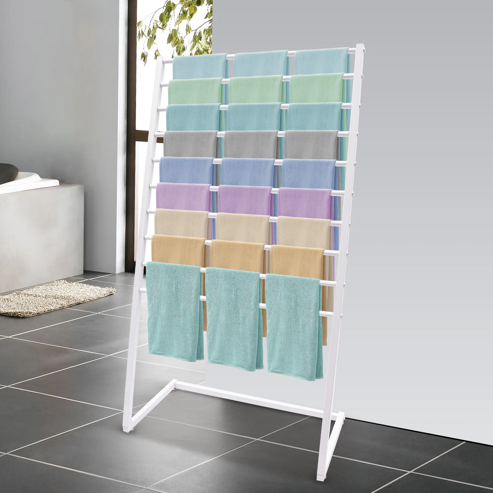 

10 Tier Metal Scarf Display Stand, Round Tube Towel Hanging Rack, Tie Scarf Organizer Holder for Clothing Stores