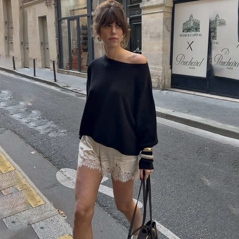 토르노바 레이스 플로럴 와이드 레그 반바지 여성용 2025 가을 신상 하이웨이스트 반바지 새틴 스플라이스 여성 캐주얼 출퇴근용