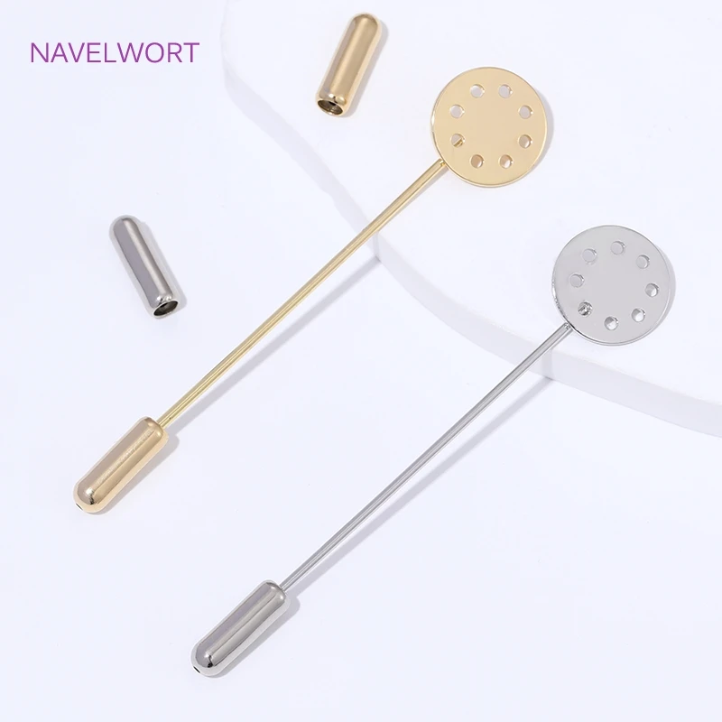 14K مطلية بالذهب بروش طويل دبابيس الأمان 12 مللي متر قاعدة فارغة الصواني ، DIY بها بنفسك دبابيس مستلزمات صناعة المجوهرات ، اكسسوارات للنساء