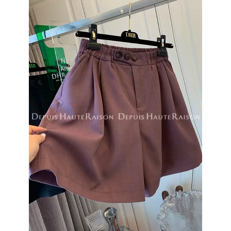 女性用伸縮性ウエストスーツショーツ、ゆったりデザイン、ニッチなハイウエストワイドレッグパンツ