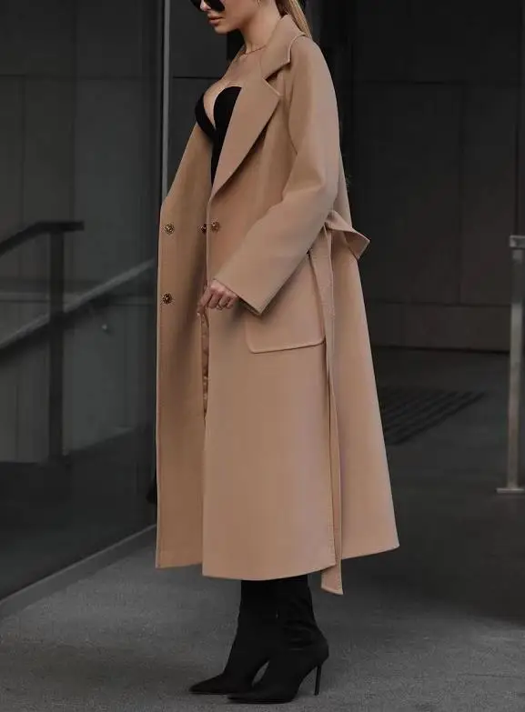 Women's Coat 2023 Autumn Winter Fashion Camel Casual Notch Collar Long Sleeve Pocket Design Mid Length Wool Jacket with Belt