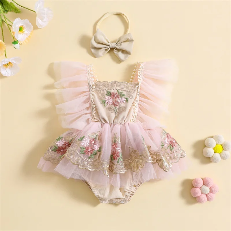 Newborn Infant Baby Girl Outfit, Embroidery Flower Fly Sleeve Romper with Bowknot Hairband Summer Clothes 0-24M