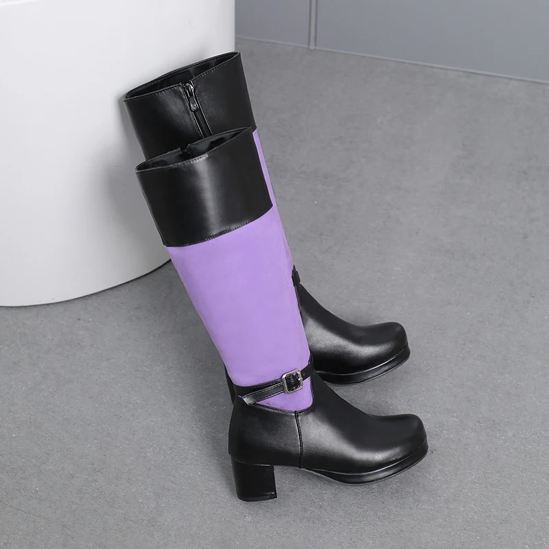 【ENMAYER】Plus Size Float Patchwork PU Side Zipper Women's Knee Length Boots with Round Toe Thick Heels and Color Matching Boots