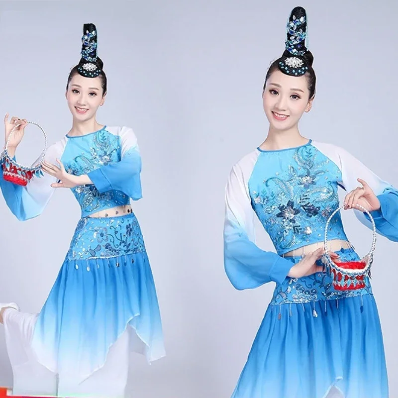 Chinesische klassische Tanzkostüme, Yangko-Tanz für Frauen, traditioneller Folk, alter Fan, Regenschirm, Tanz, Taillentrommel, Hanfu