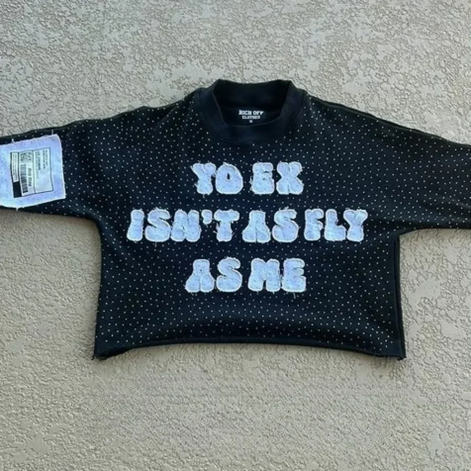 Y2K New Rhinestone Three Quarter Sleeves Tops Men Women Harajuku Letter Graphic Patch Oversized T Shirt Goth Punk Short Clothes