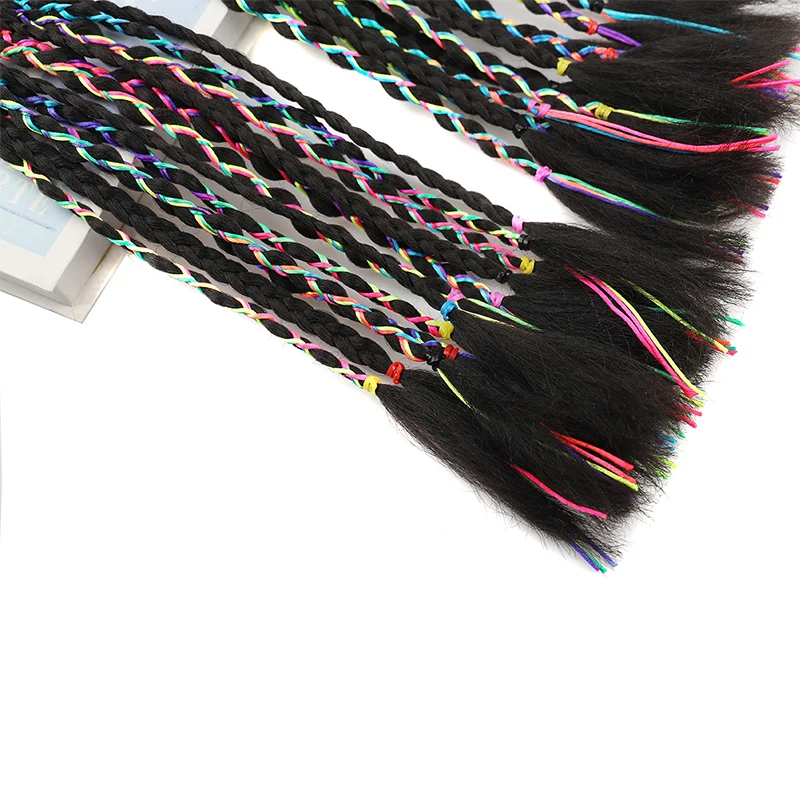 Girls Ponytail Extension With Beads Braids Hair Extensions with Rubber Bands Black Braided Synthetic Hairpieces for Kids Gifts