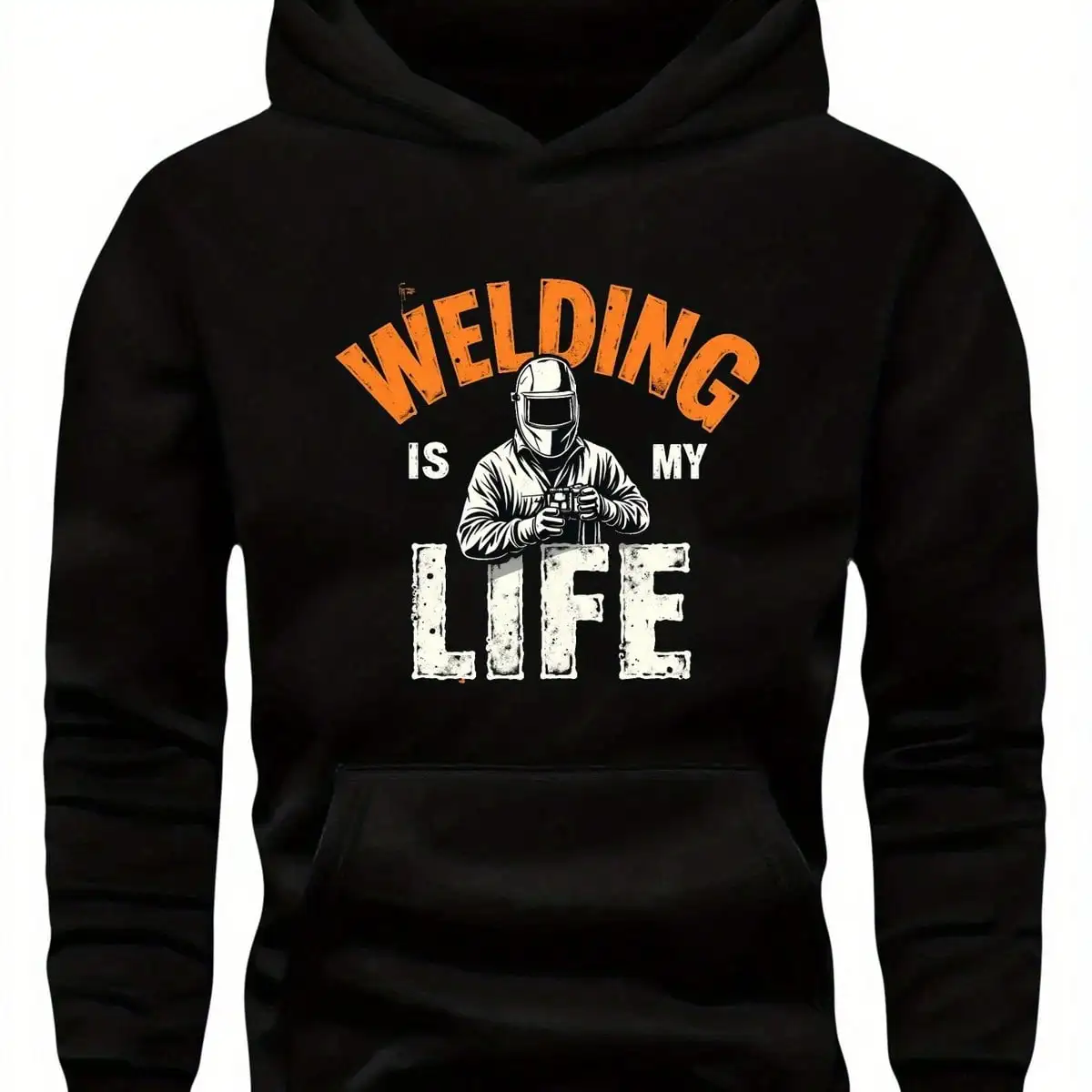 Men Front Print Hoodie, Welding Is My Life Welder Face Mask Graphic Hooded Sweatshirt, Workwear Casual Loose Pullover Hoodie