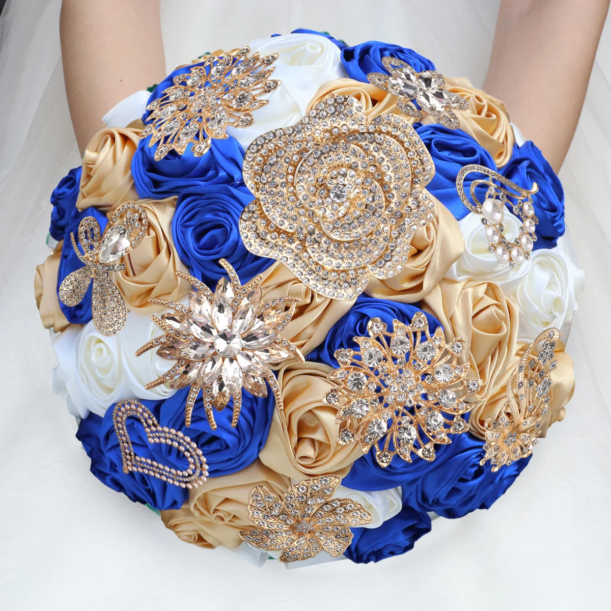 Khaki Royal Blue Bride Maid of Honor Roses Hand Flower luxe rhinestone Ribbon wedding Chapel bouquet decoration W910