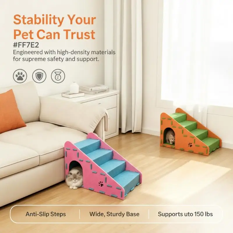 Sturdy Pet Steps for Dogs Cats, Anti-Slip Scratch Resistant Ramp Multifunctional for Couch Bed Car Travel Camping Use