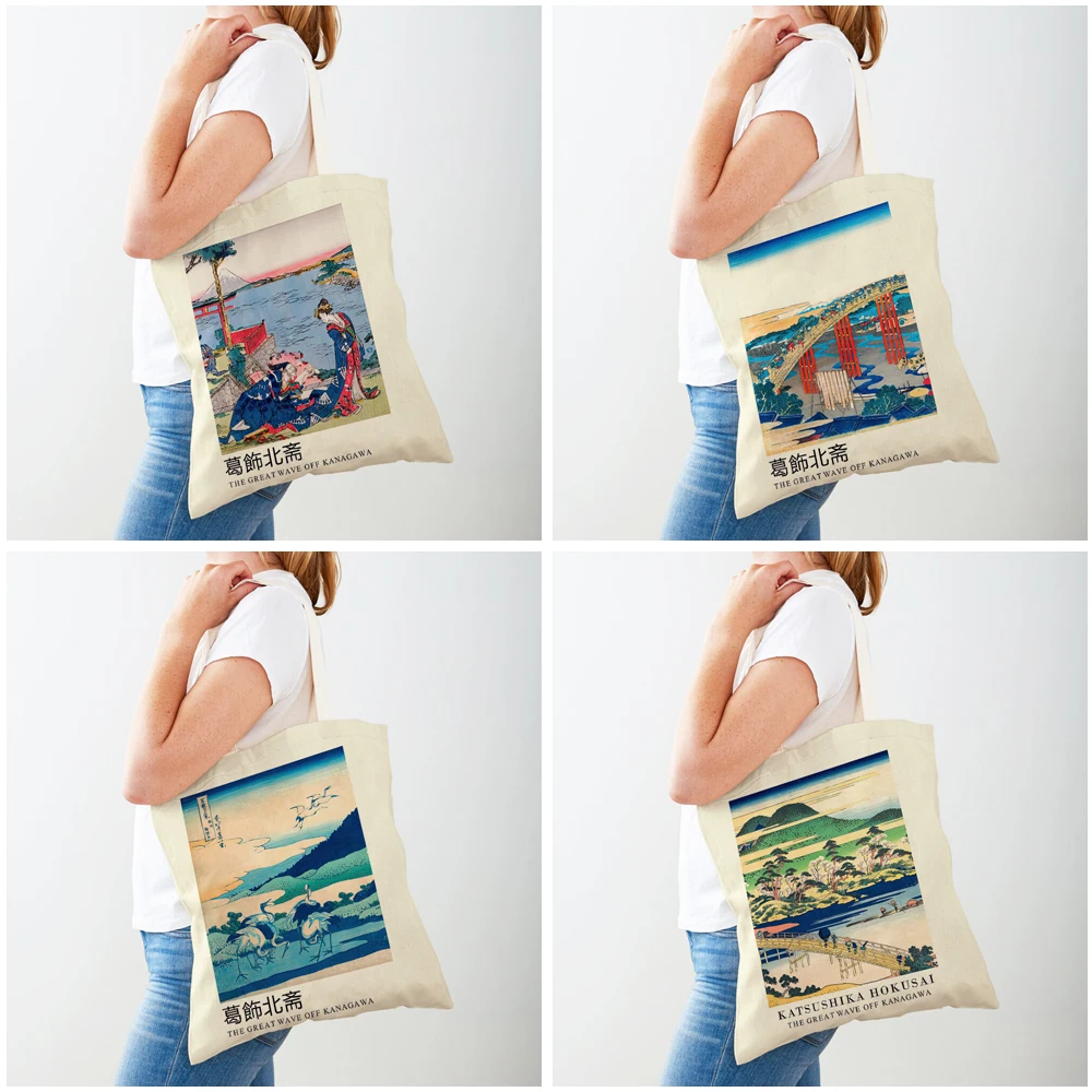 Vintage Tote Shopper Bag Abstract Japan Artist Hokusai Mount Fuji Women Shopping Bags Double Print Casual Lady Canvas Handbag