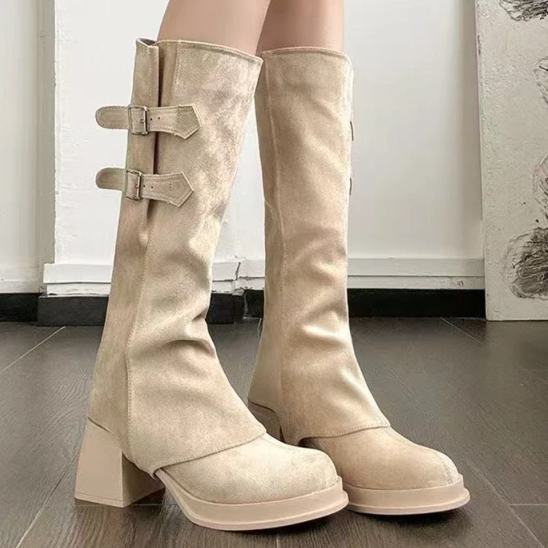 

Designer 2025 New Women Boots Suede High Heels Shoes Chunky Knee High Chelsea Knight's Boots Winter Snow Woman Pumps Mujer Botas