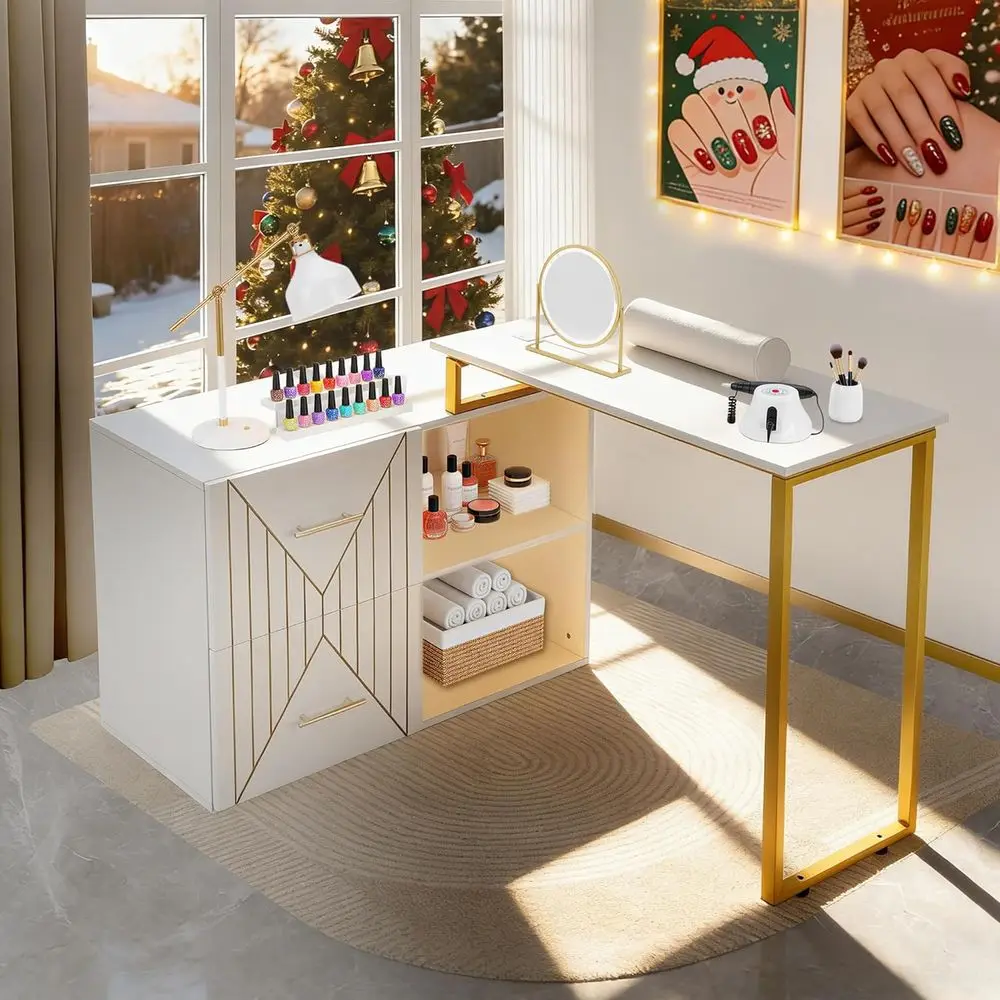 

Manicure Table with Gold Handles, Beauty Table with Wrist Rest for Beauty Salon and Home