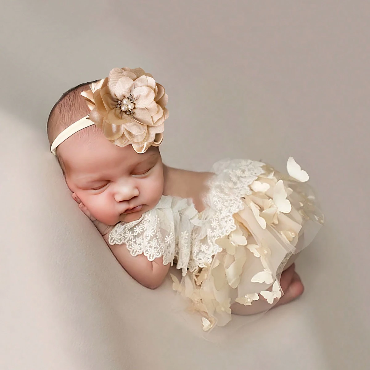 Ylsteed Newborn Sweet Butterfly Lace Romper Baby Girl Photography Props Mesh Puff Skirt with Floral Pearl Headband