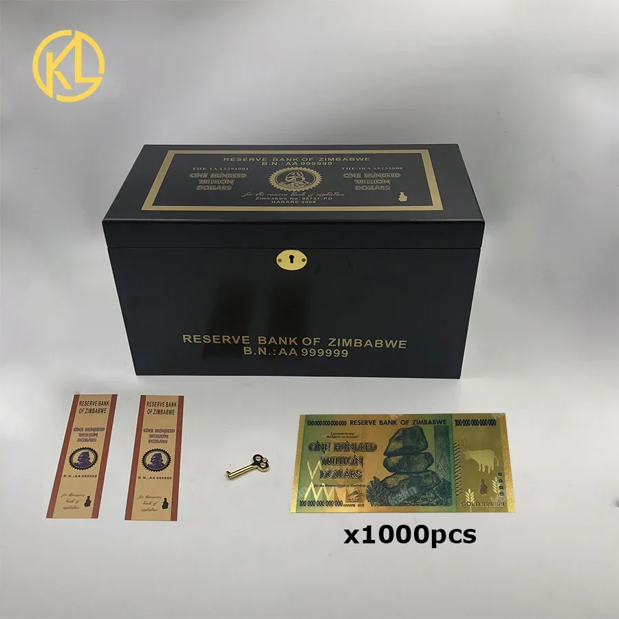 

1000pcs Durable UV Light Blue Zimbabwe One Hundred Trillion Dollars Gold Banknotes In Black Wooden Box By Fedex