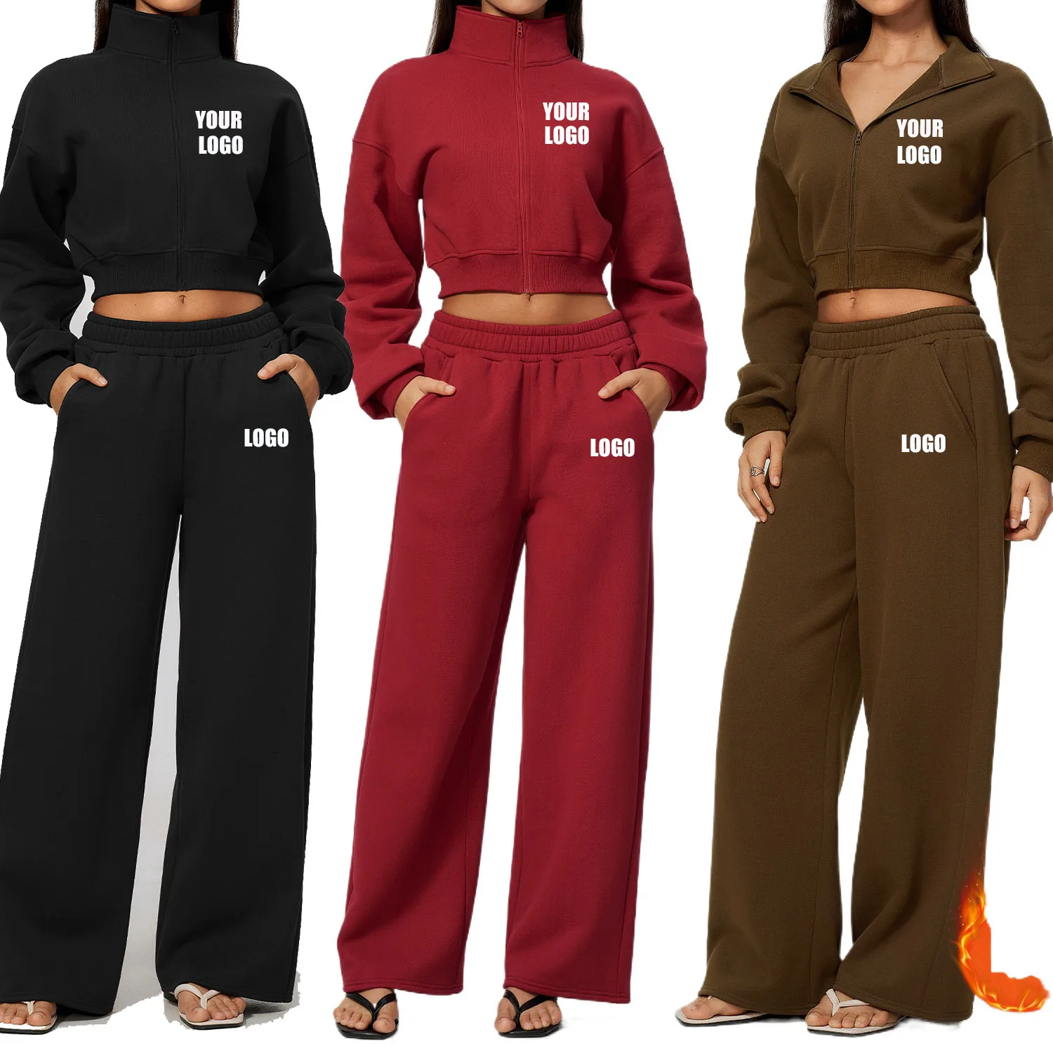Pers LOGO custom women's cotton polyester stand-up collar zipper short jacket loose wide-leg velvet casual sports two-piece set