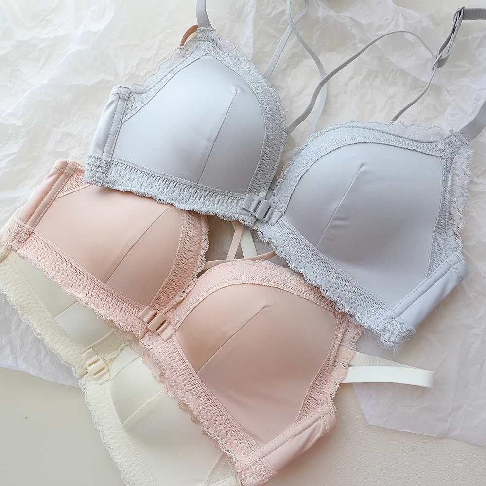 

Pearl satin lace edge front buckle underwear cross beautiful back without scarring wirefree lingerie gathered up support bra set