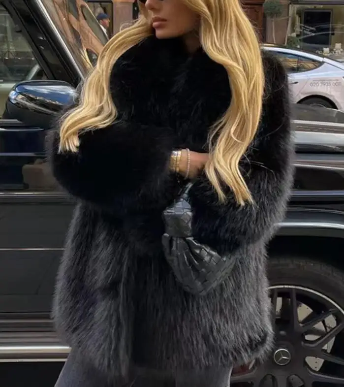 

Lapels Faux Fur Coat Women 2025 Winter Fluffy Jacket Furry Overcoats Girl Stylish Long Outerwear