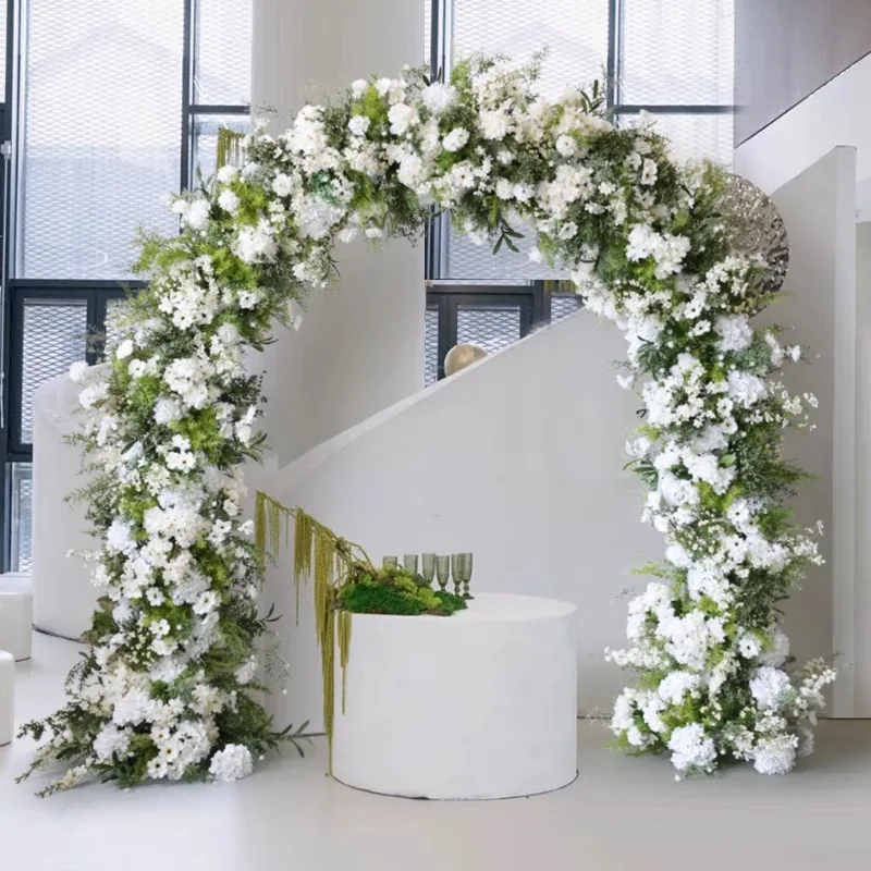 صف زهرة فاخرة مع الإطار ، ديكور قوس الزفاف ، ترتيب الزهور ، ديكور الدعامة الحدث ، الوردي الأبيض ، ورقة النباتات الخضراء ، قوس #2