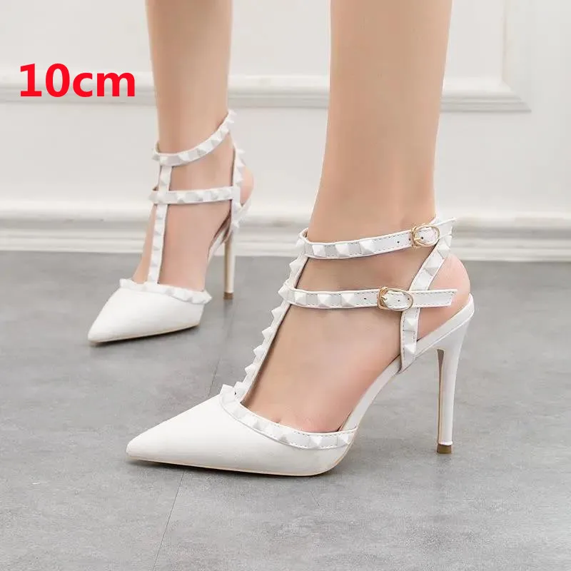 Women Light Weight White Rivet Stiletto Heels for Party Lady Night Club Black Spring & Summer Heel Pumps Zapatos De Mujer G134